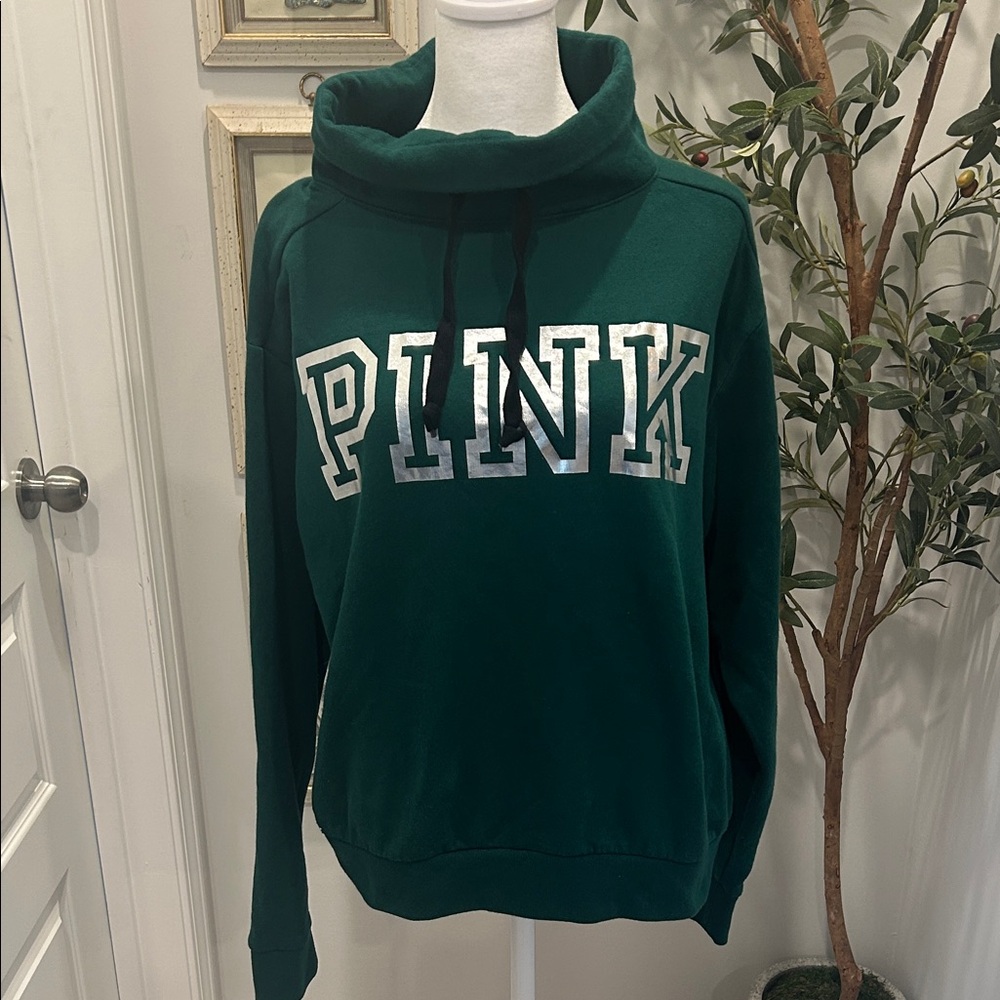 PINK Victoria's Secret Dark Green Funnel Neck Sweatshirt with Drawstring